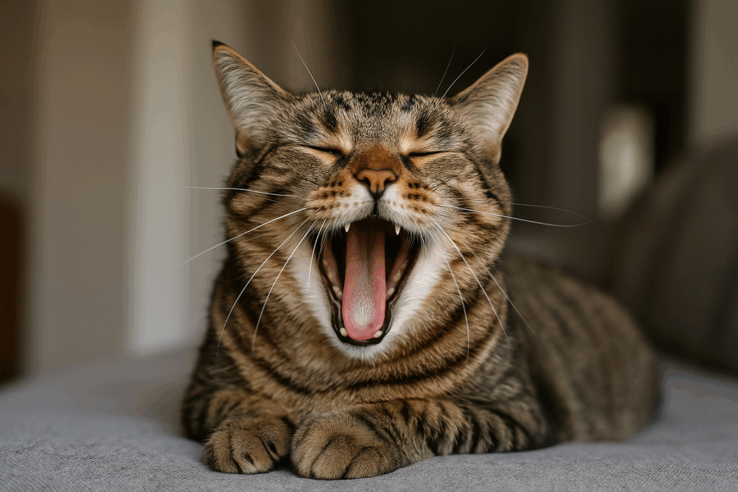 perched il gatto sbadiglia