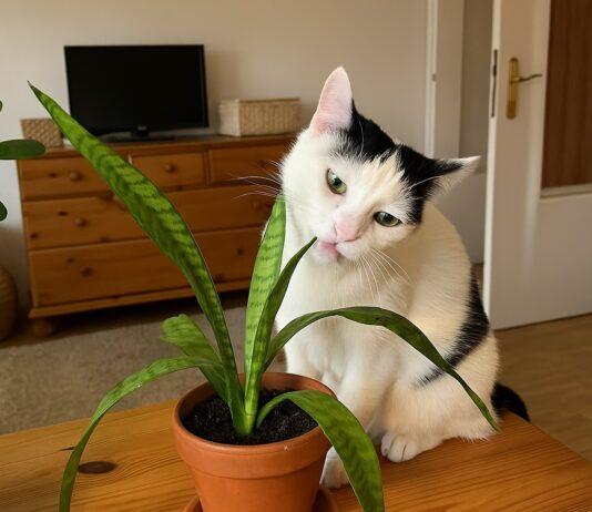 Gatto che mangia piante