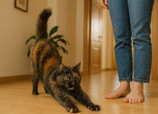 Gatto che si stiracchia davanti a te