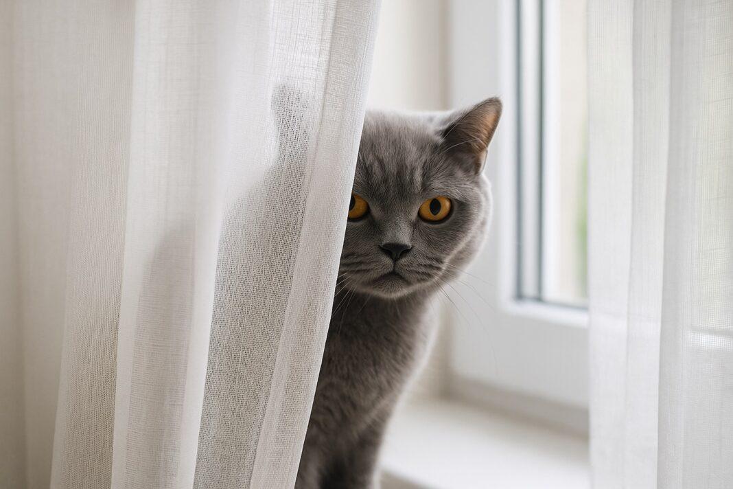 “gatto spia” dietro le tende “gatto spia” dietro le tende