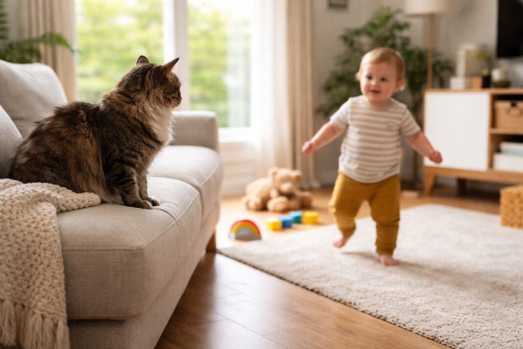 Gatto e bambino che gattona o cammina Gatto e bambino che gattona o cammina