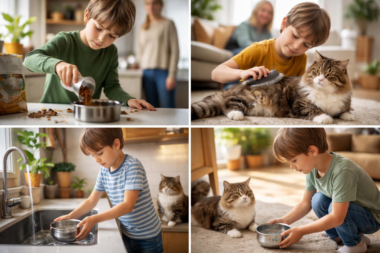 bambino nella cura del gatto